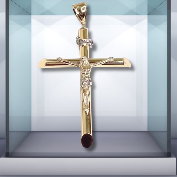GOLD Cross Jesus pendant 14k Crucifix yellow Charm necklace Big Gold Filled - Picture 5 of 9